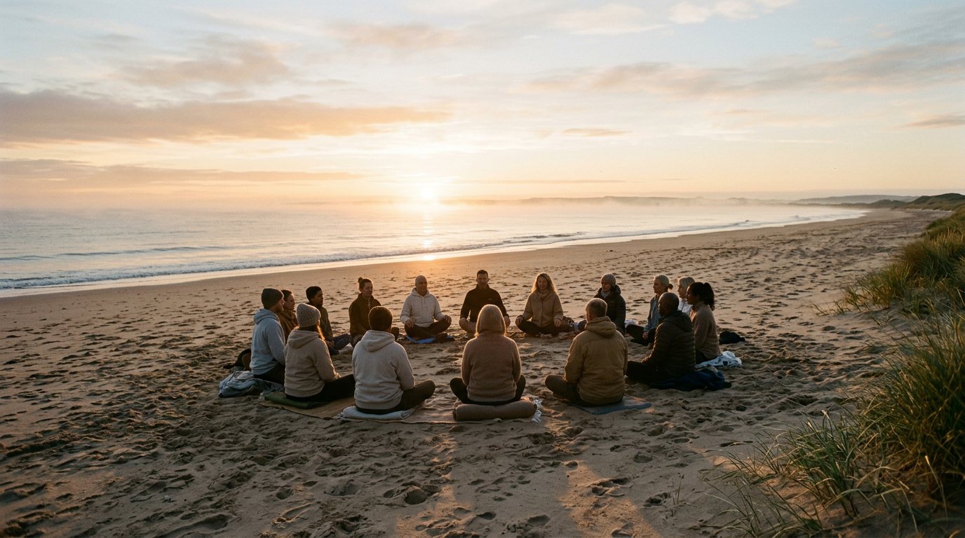 A circle of people breathing together on a beach at sunrise