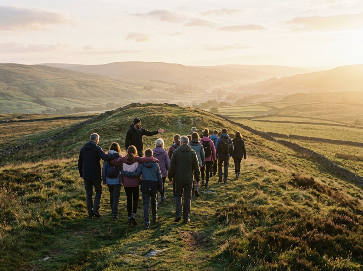 People walking together over the Yorkshire Dales at sunrise