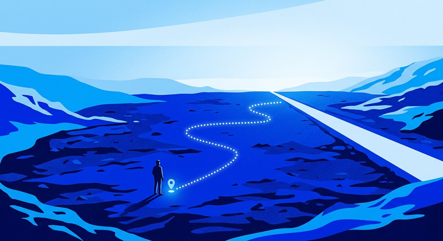 Illustration of a lone figure at a pin, a dotted path winding ahead through a blue landscape